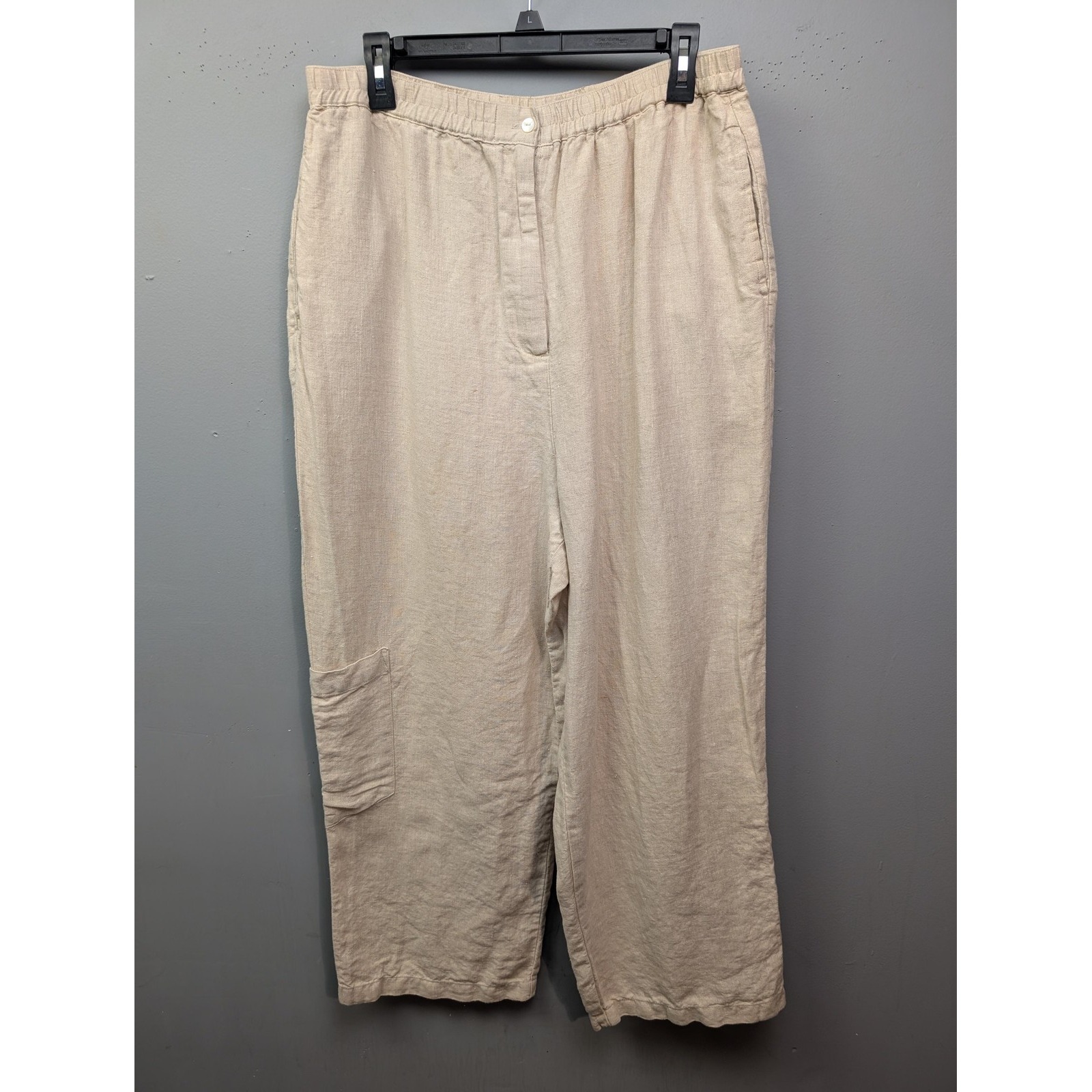 Linden Hill Pants Womens Large Beige 100% Linen Elastic Waist Cropped Wide Leg